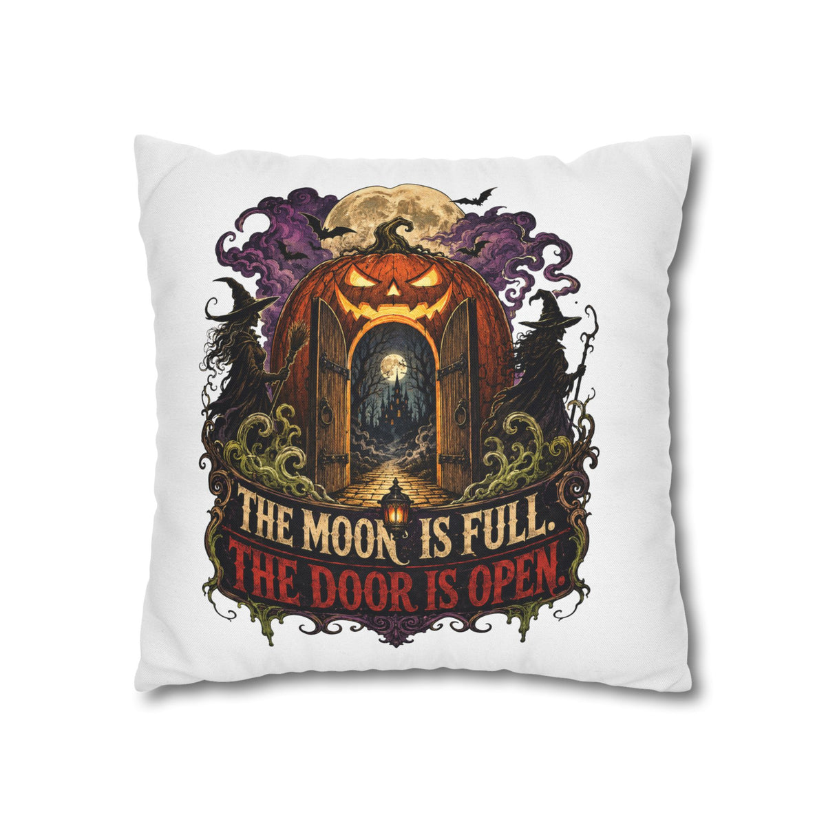Halloween Pumpkin Door Pillowcase - "The Moon Is Full, The Door Is Open" Spun Polyester Throw Pillow