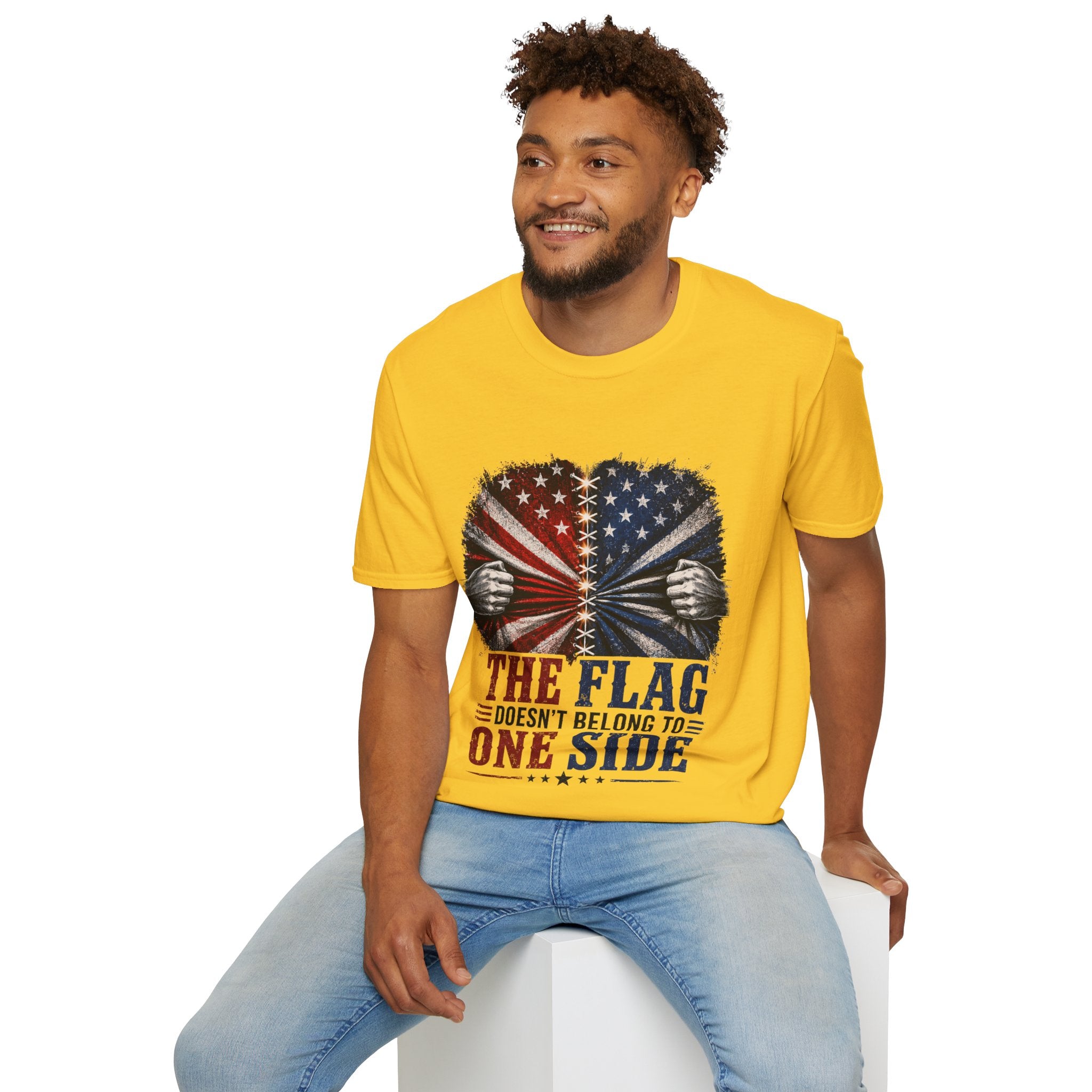 T-Shirt — "The Flag Doesn't Belong to One Side" Distressed American Flag Graphic