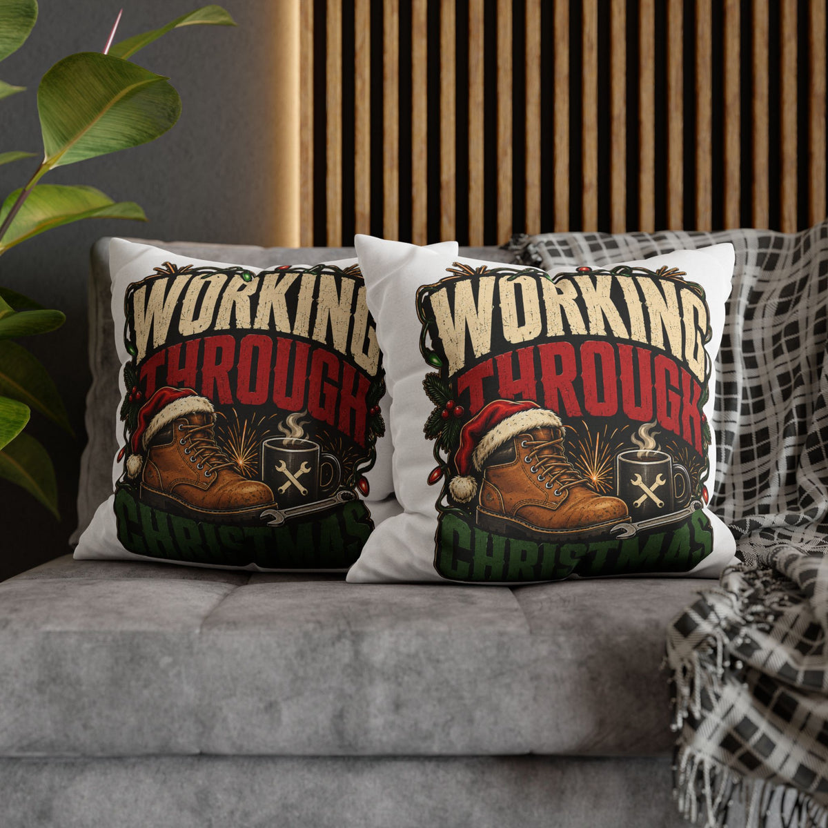 Christmas Work Boots Pillowcase Modern Day Christmas  – "Working Through Christmas" Holiday Throw Pillow Cover