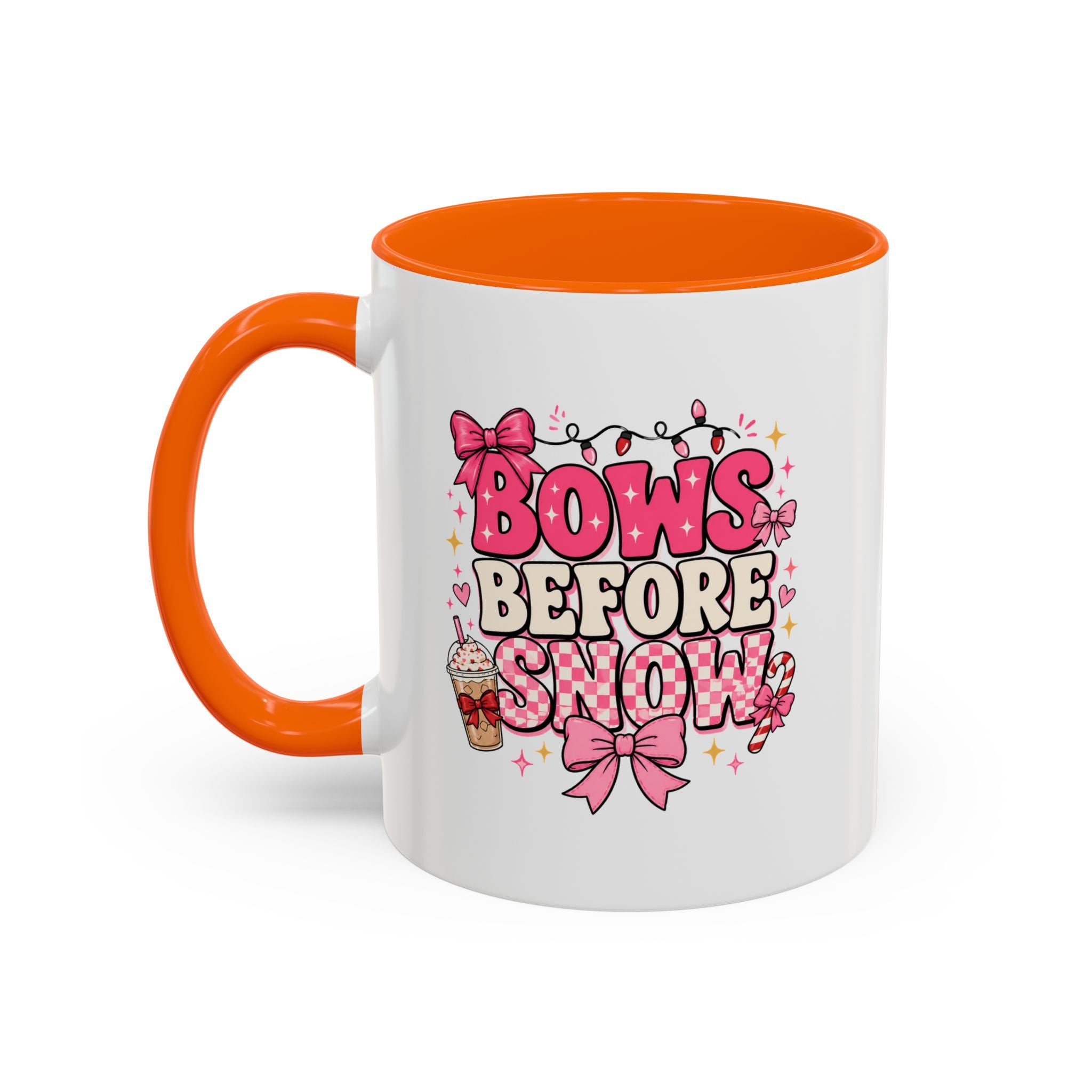 Modern Day Christmas Bows Before Snow Accent Coffee Mug — Cute Pink Holiday Hot Cocoa Design (11/15oz)