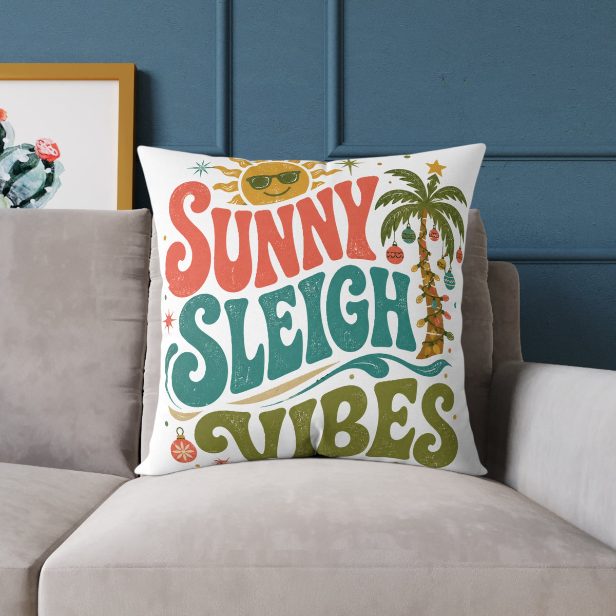 Modern Day Christmas Sunny Sleigh Vibes Decorative Pillow