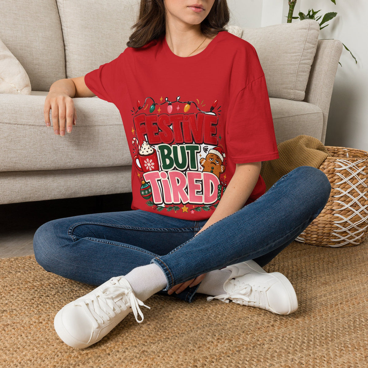 Festive But Tired T-Shirt — Holiday Christmas Crew Tee with Lights & Gingerbread