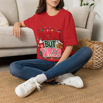 Festive But Tired T-Shirt — Holiday Christmas Crew Tee with Lights & Gingerbread