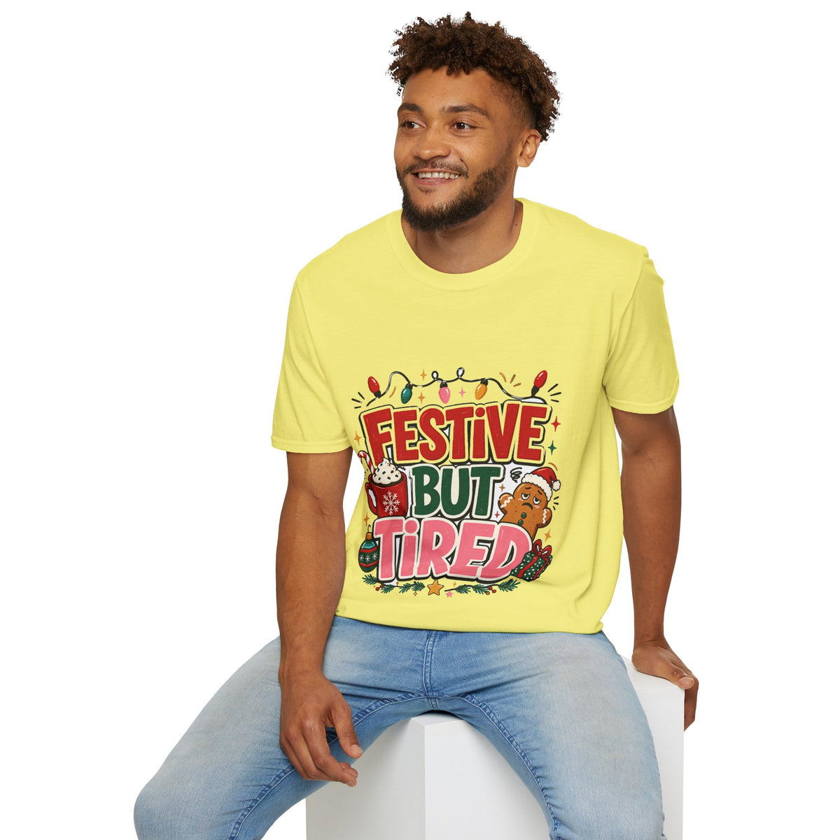 Festive But Tired T-Shirt — Holiday Christmas Crew Tee with Lights & Gingerbread