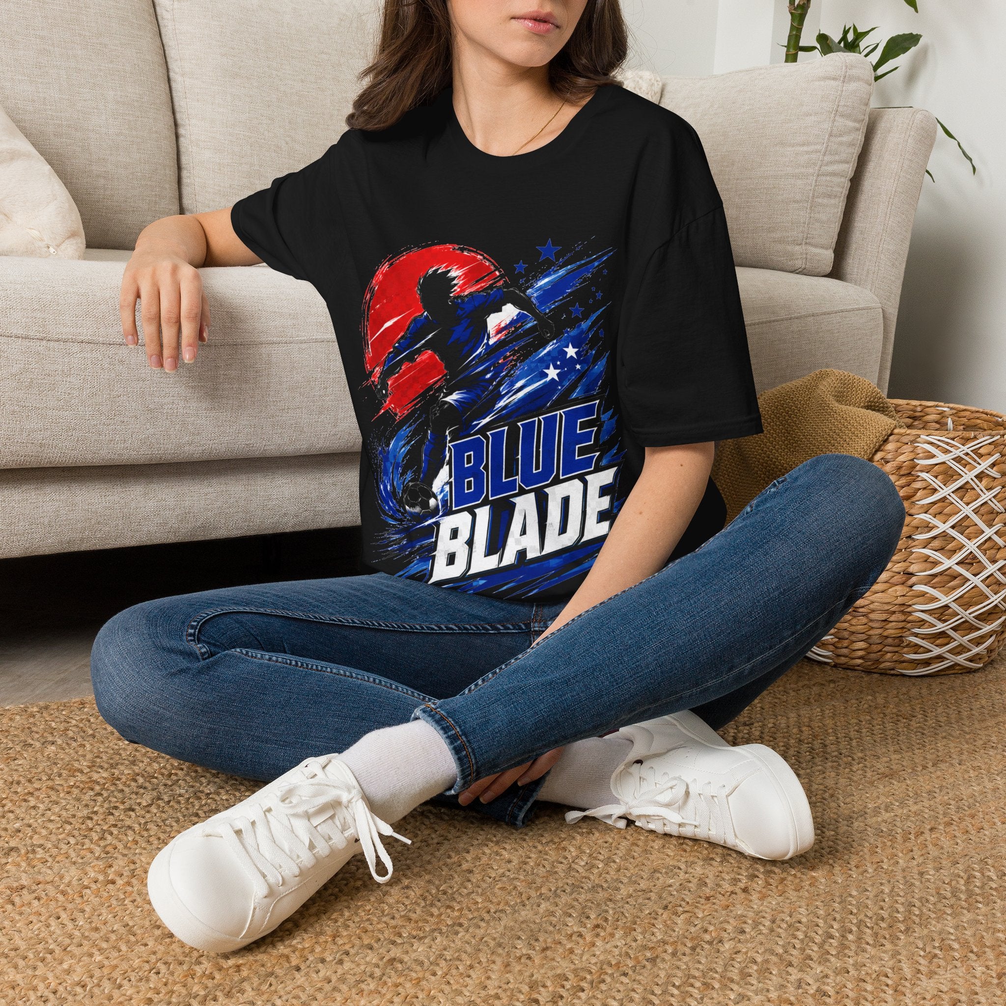 Japan T-Shirt — Blue Blade Soccer Graphic Tee (Red & Blue Starburst)