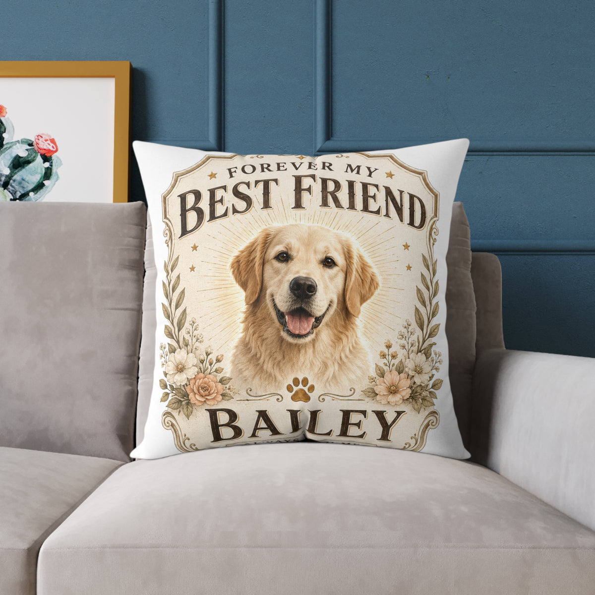 Milo Bailey Dog Dad Mom Square Pillow — "Forever My Best Friend" Personalized Dog Photo Pillow (Bailey)