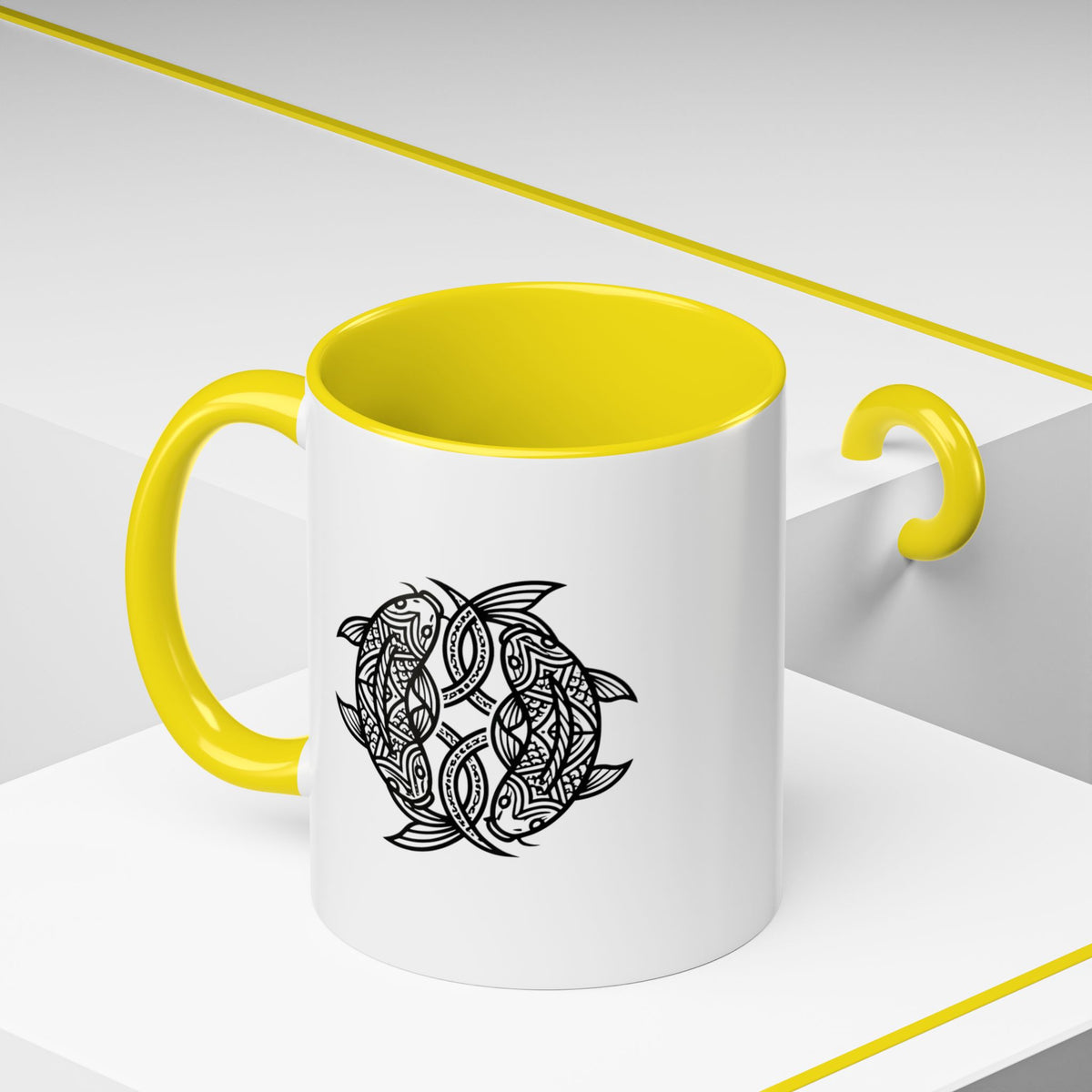 Pisces Zodiac Turtle Mandala Accent Coffee Mug – Black Interior & Handle, Intricate Tribal Sea Turtle Design