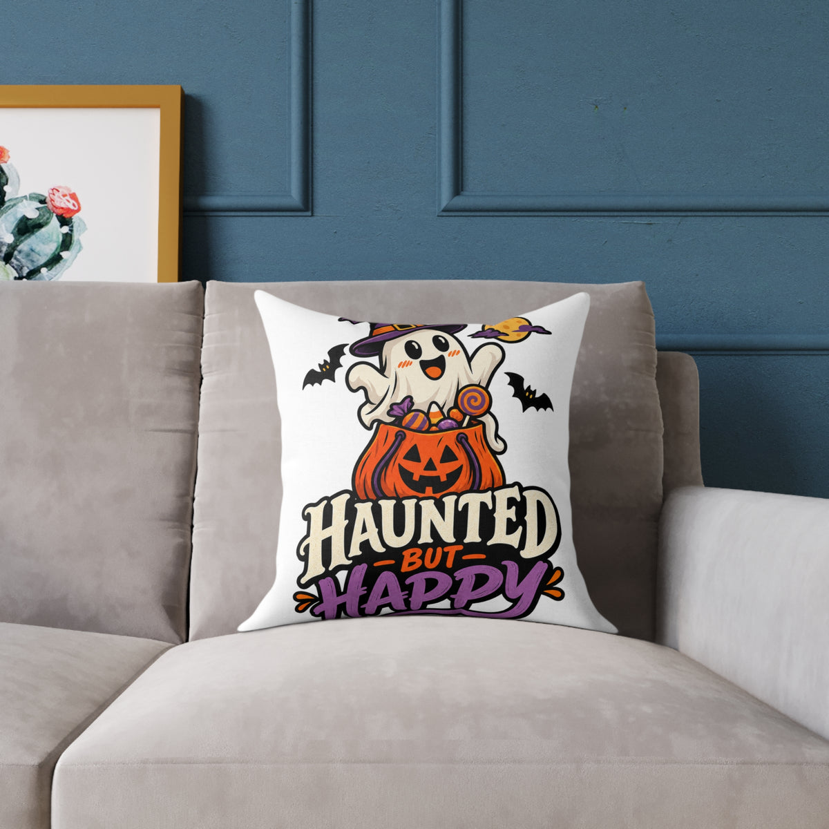 Halloween Ghost Pumpkin Pillow — "Haunted But Happy" Square Throw Pillow