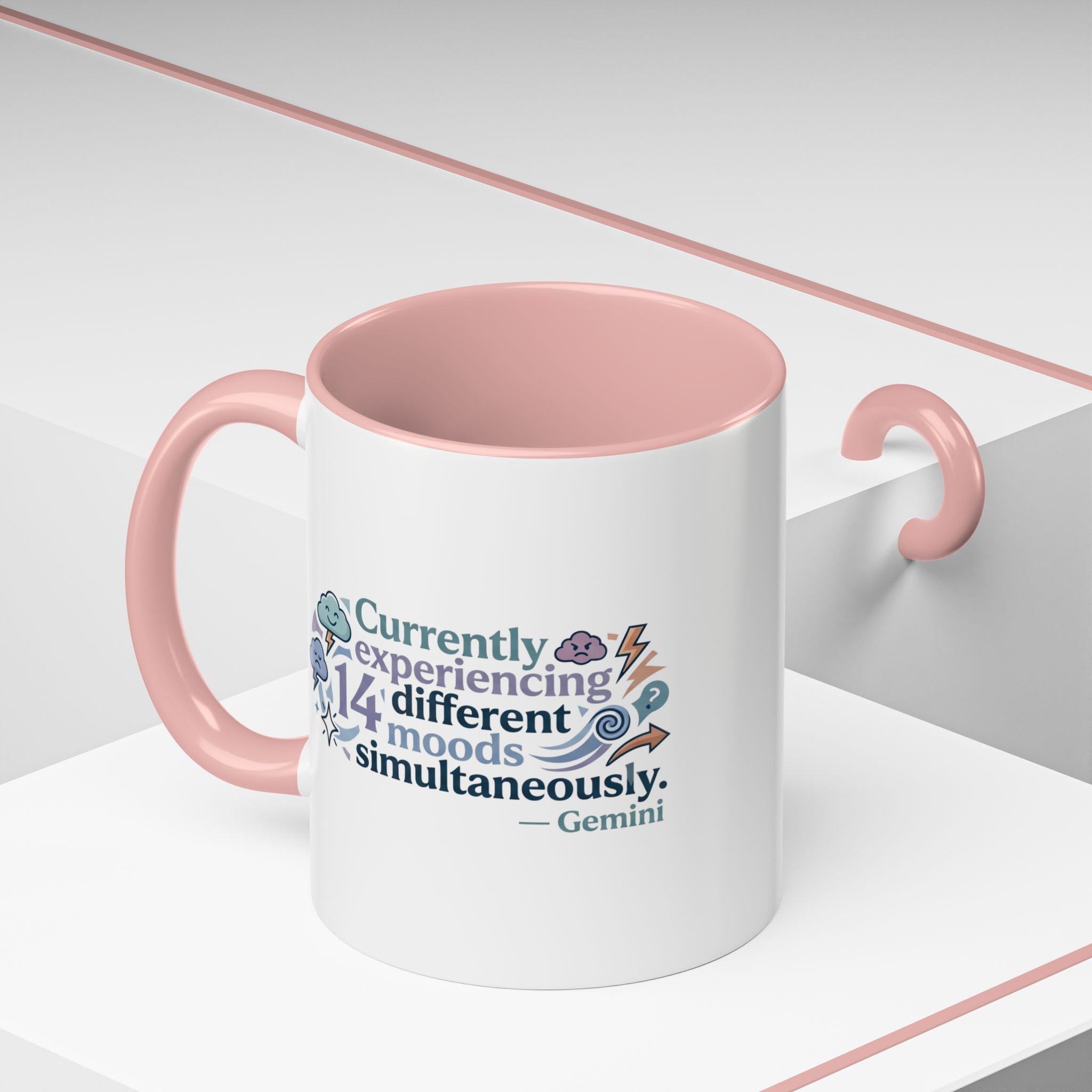 Gemini Mood Coffee Mug — "Currently Experiencing 14 Different Moods" Accent Ceramic Mug