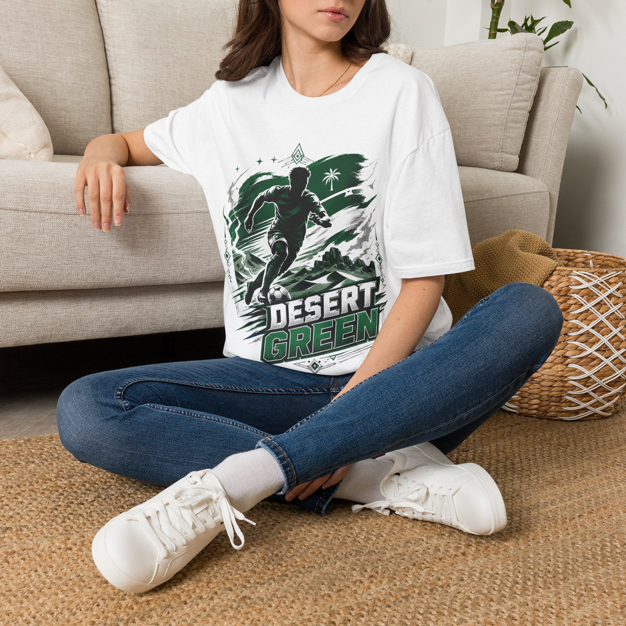 Saudi Arabia Desert Green Soccer T-Shirt — Silhouette Player Graphic