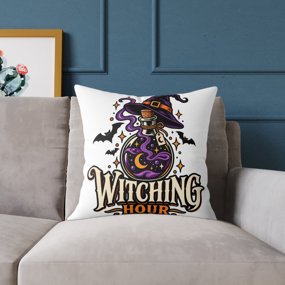 Witching Hour Halloween Decorative Pillow — Witch Hat & Potion Bottle Design