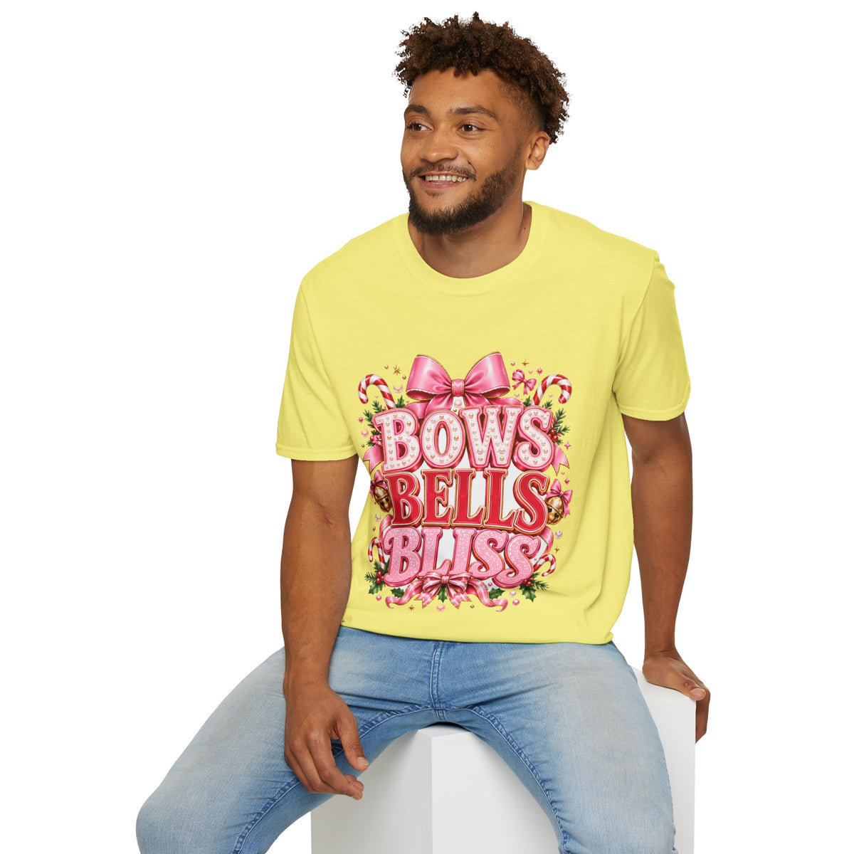 Bows Bells Bliss Christmas T‑Shirt — Pink Holiday Bow Graphic