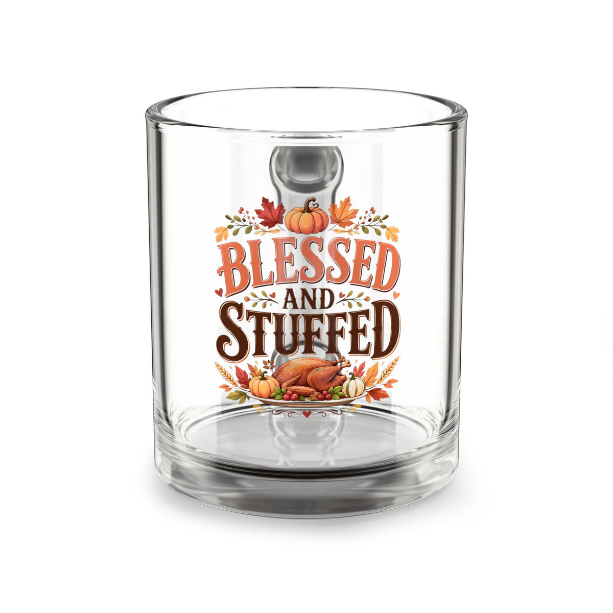 Blessed and Stuffed Glass Mug — Thanksgiving Turkey & Pumpkin Holiday Coffee Cup, 10 oz