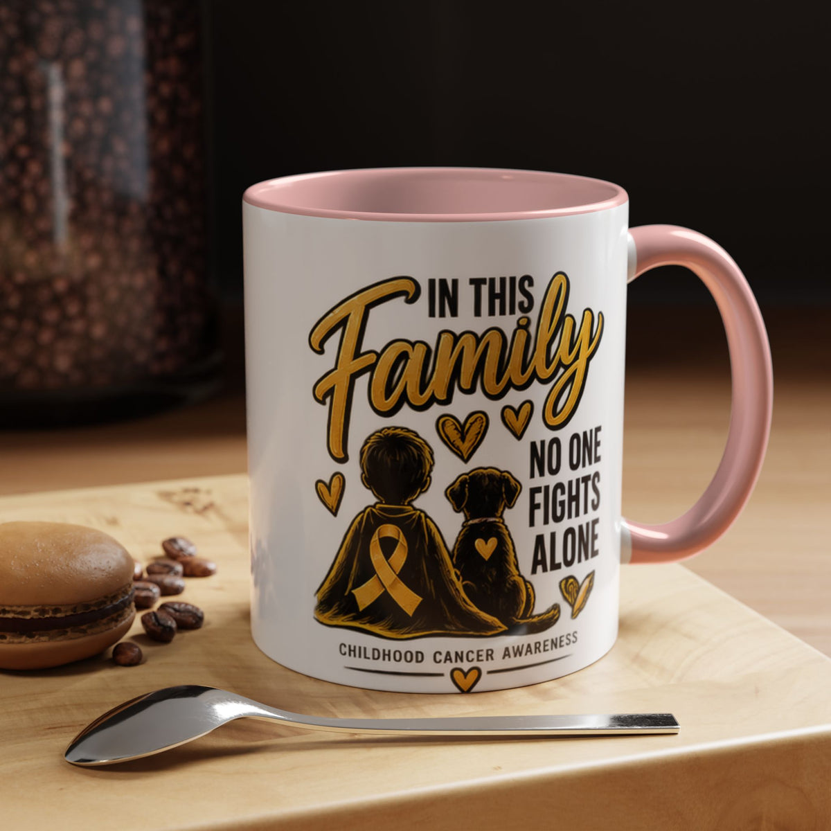 Childhood Cancer Awareness Accent Coffee Mug – "In This Family No One Fights Alone" (11/15oz)