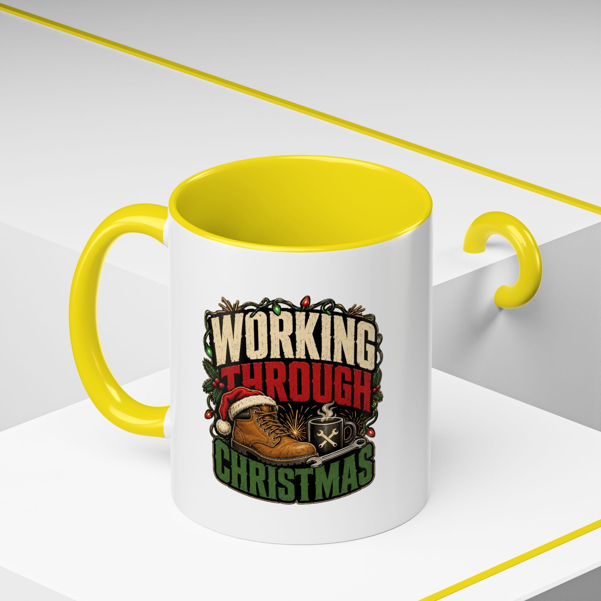 Modern Day Christmas Working Through Christmas Coffee Mug — Funny Holiday Work & Overtime Gift
