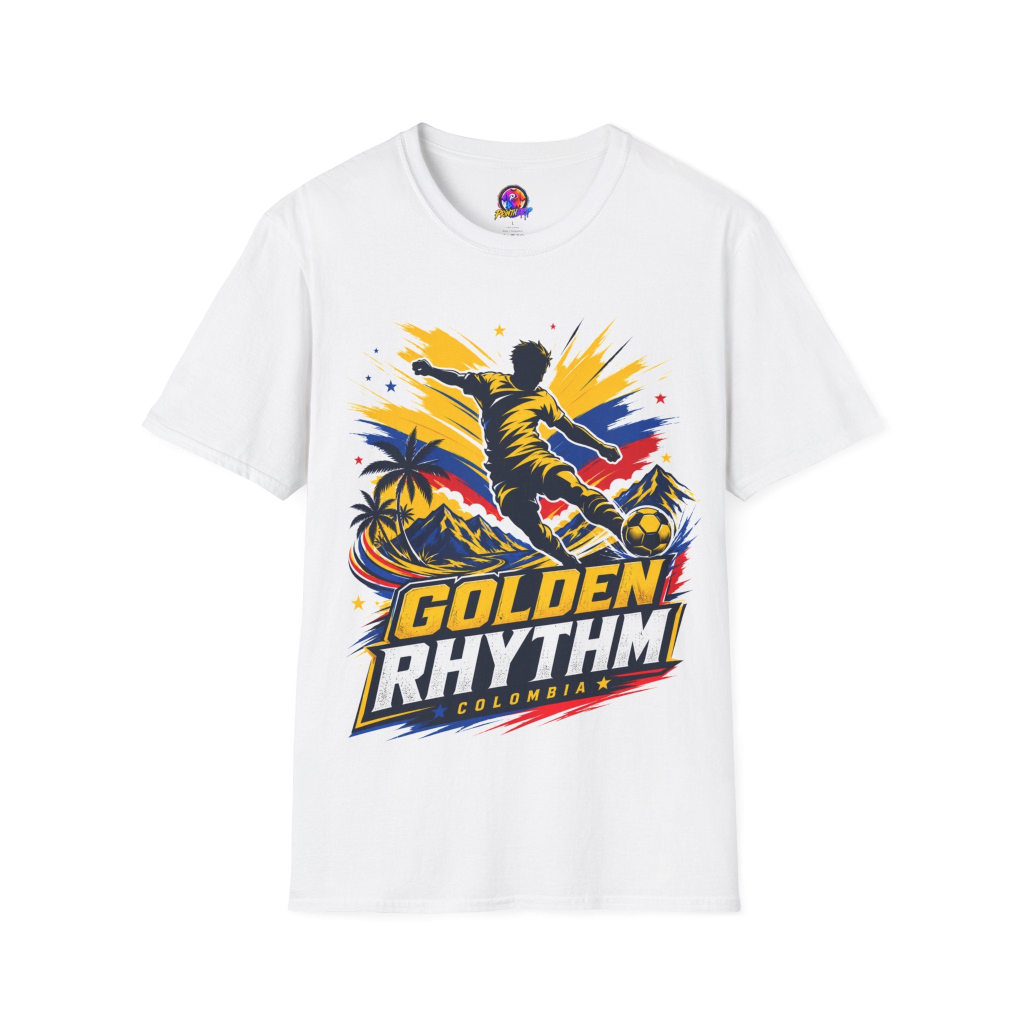 Columbia Soccer Player Graphic T-Shirt — "Golden Rhythm" Vibrant Beach Soccer Tee