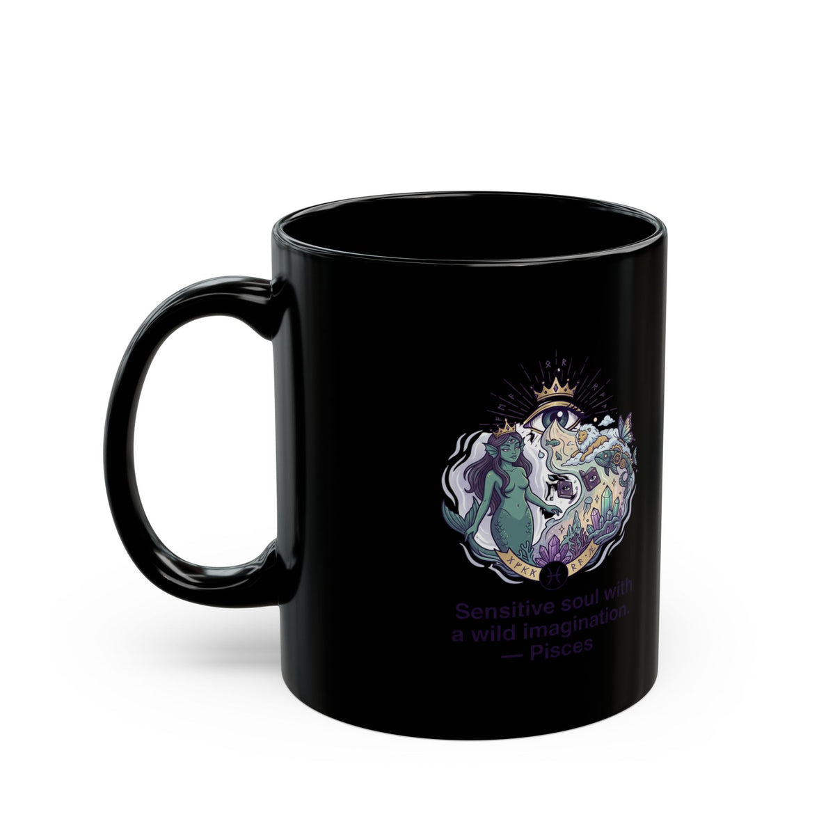 Pisces Zodiac Mystical Ocean Witch Mug – "Restore Soul with Imagination" Black Ceramic Coffee Cup