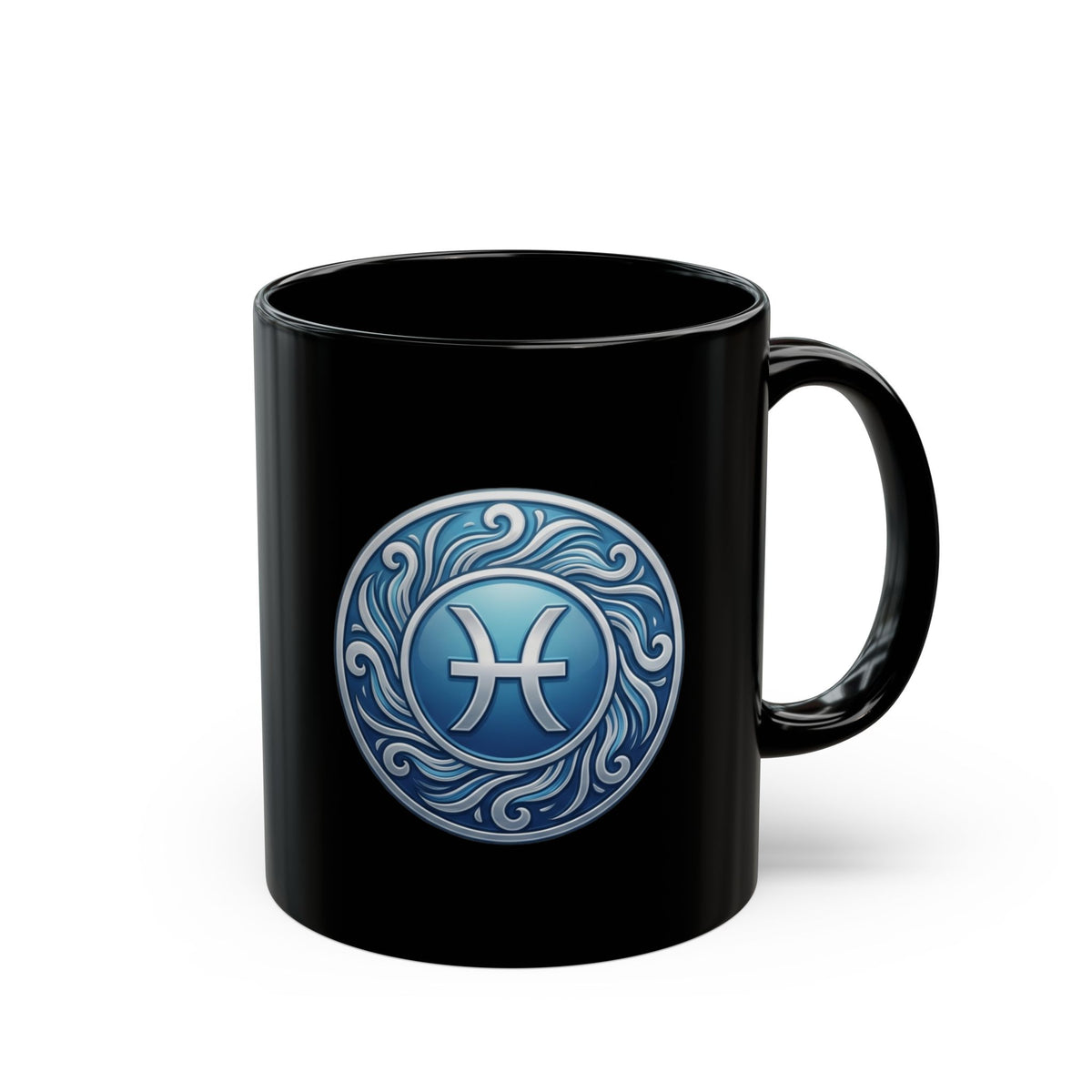 Pisces Zodiac Coffee Mug - Blue Astrology Symbol on Black Ceramic