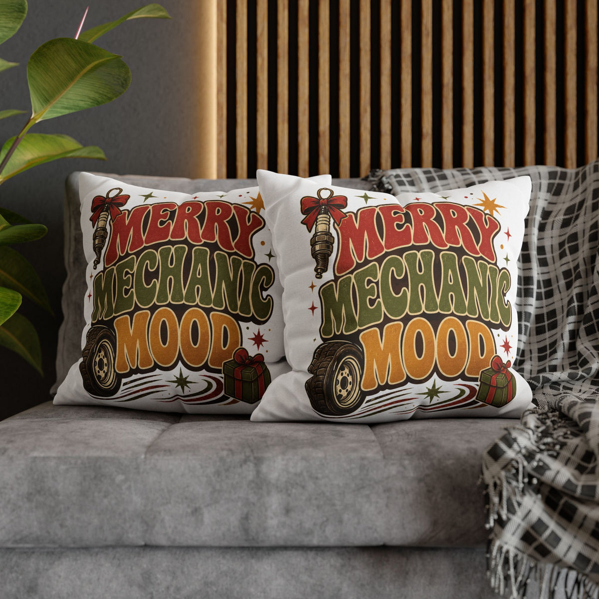 Merry Mechanic Mood Pillowcase Modern Day Christmas  — Festive Automotive Holiday Throw Pillowcase