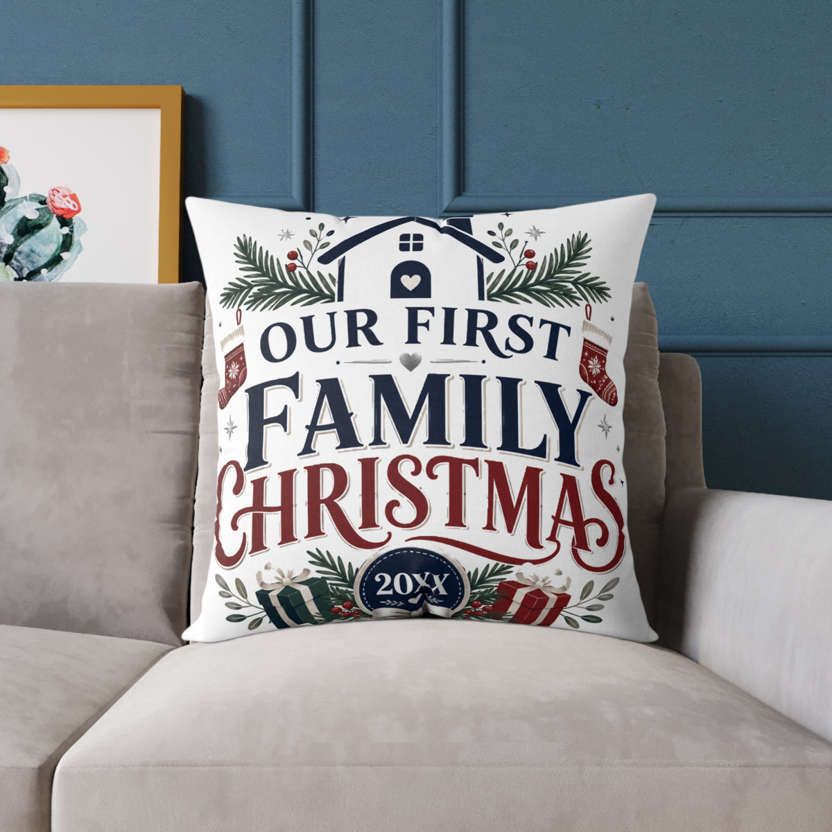 Our First Family Christmas Pillow — Personalized Holiday Decorative Throw Cushion