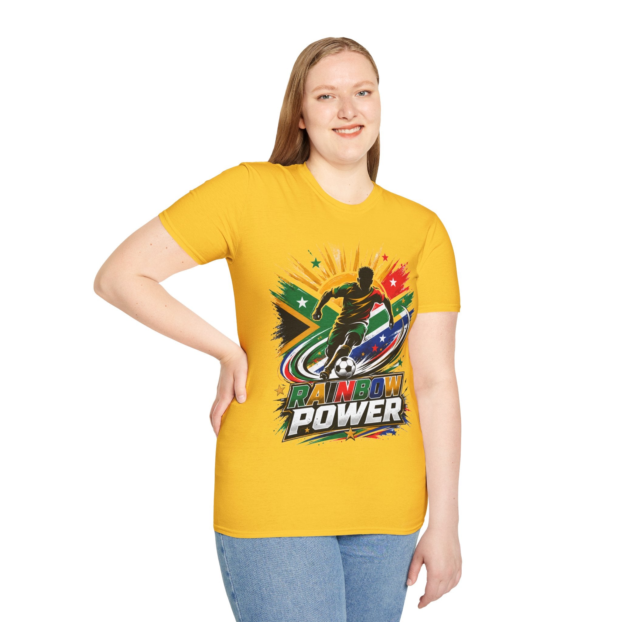 South Africa Soccer Rainbow Power T-Shirt — Colorful Football Player Graphic Tee