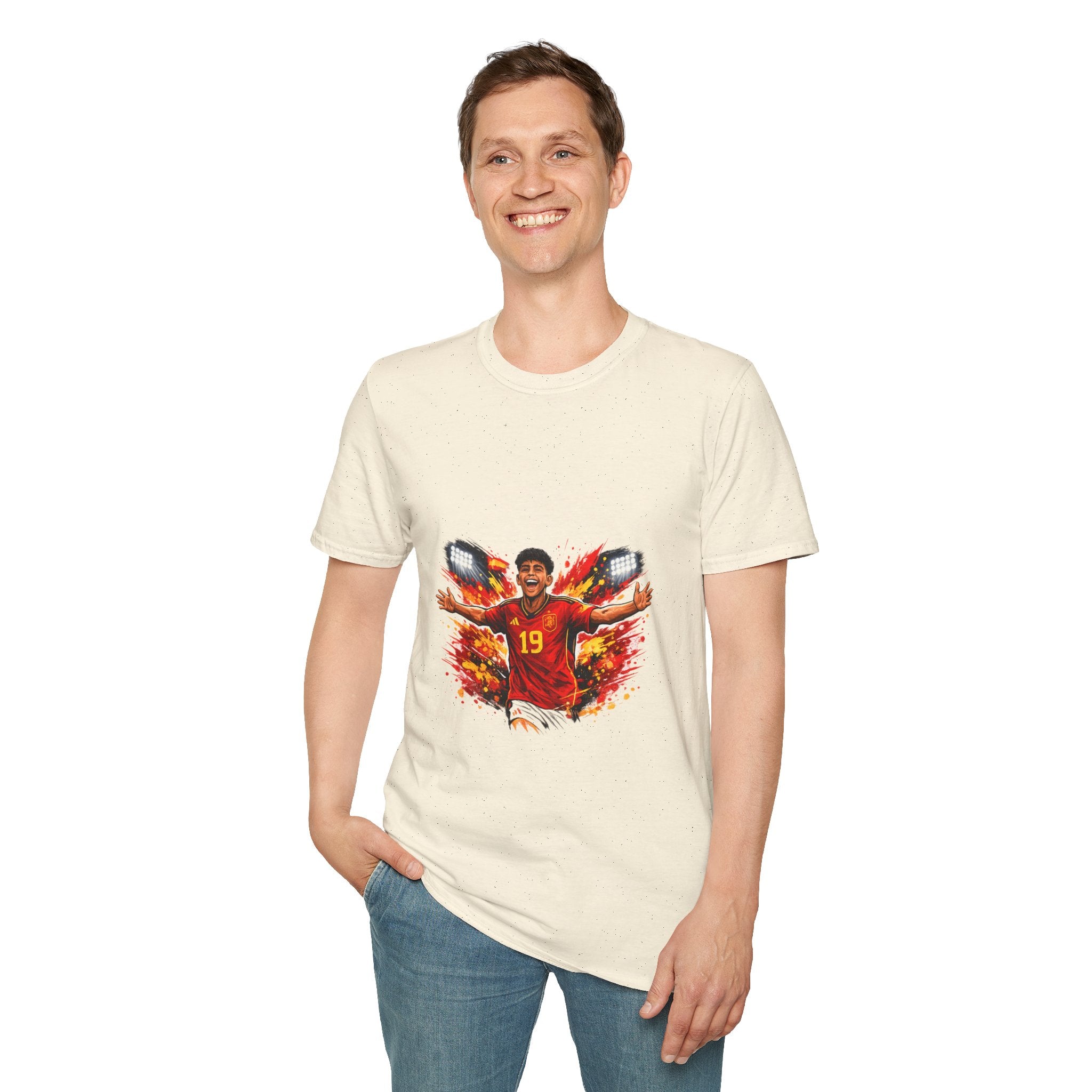 Spain Soccer Fan Portrait T‑Shirt – Fiery Goal Celebration Design