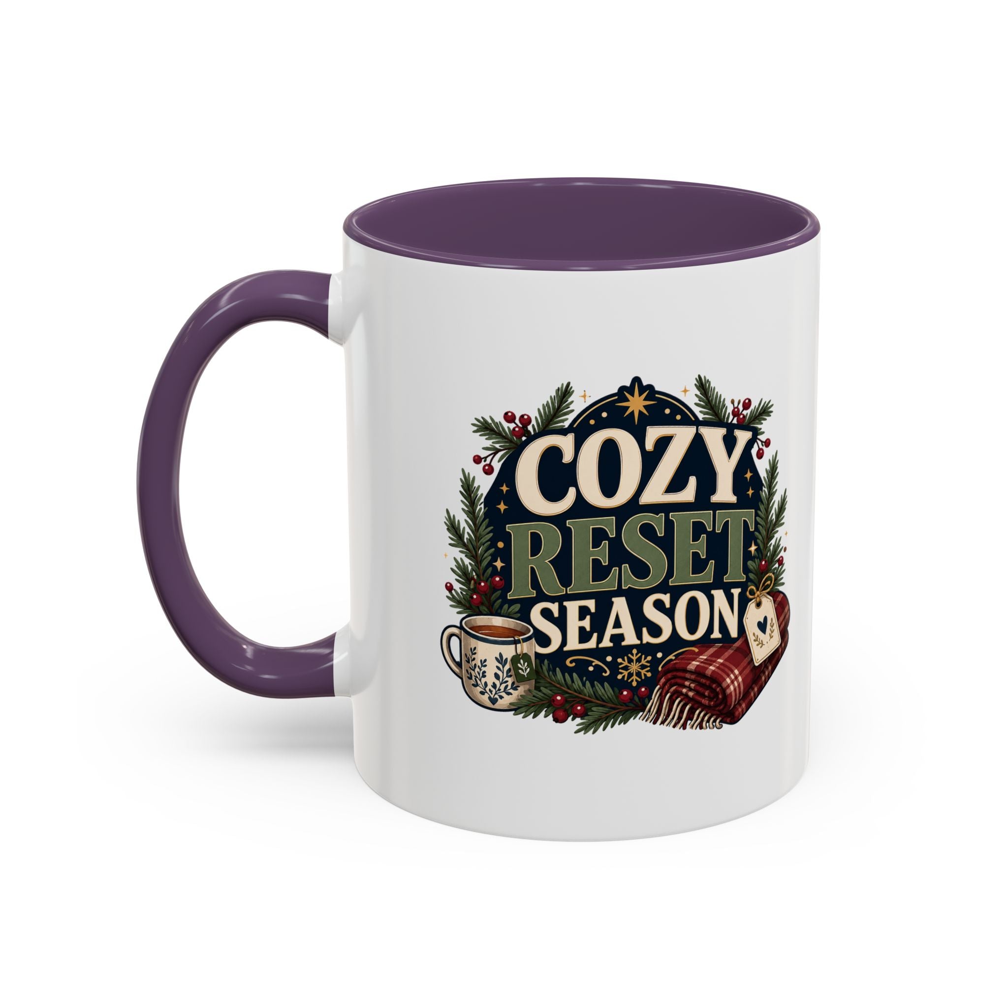 Modern Day Christmas Cozy Reset Season Mug — Holiday Coffee Cup with Blanket & Tea Tag Design