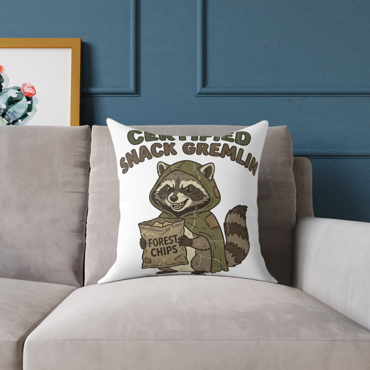 Funny Certified Snack Gremlin Raccoon Pillow — Cute Animal Snack Lover Throw Pillow