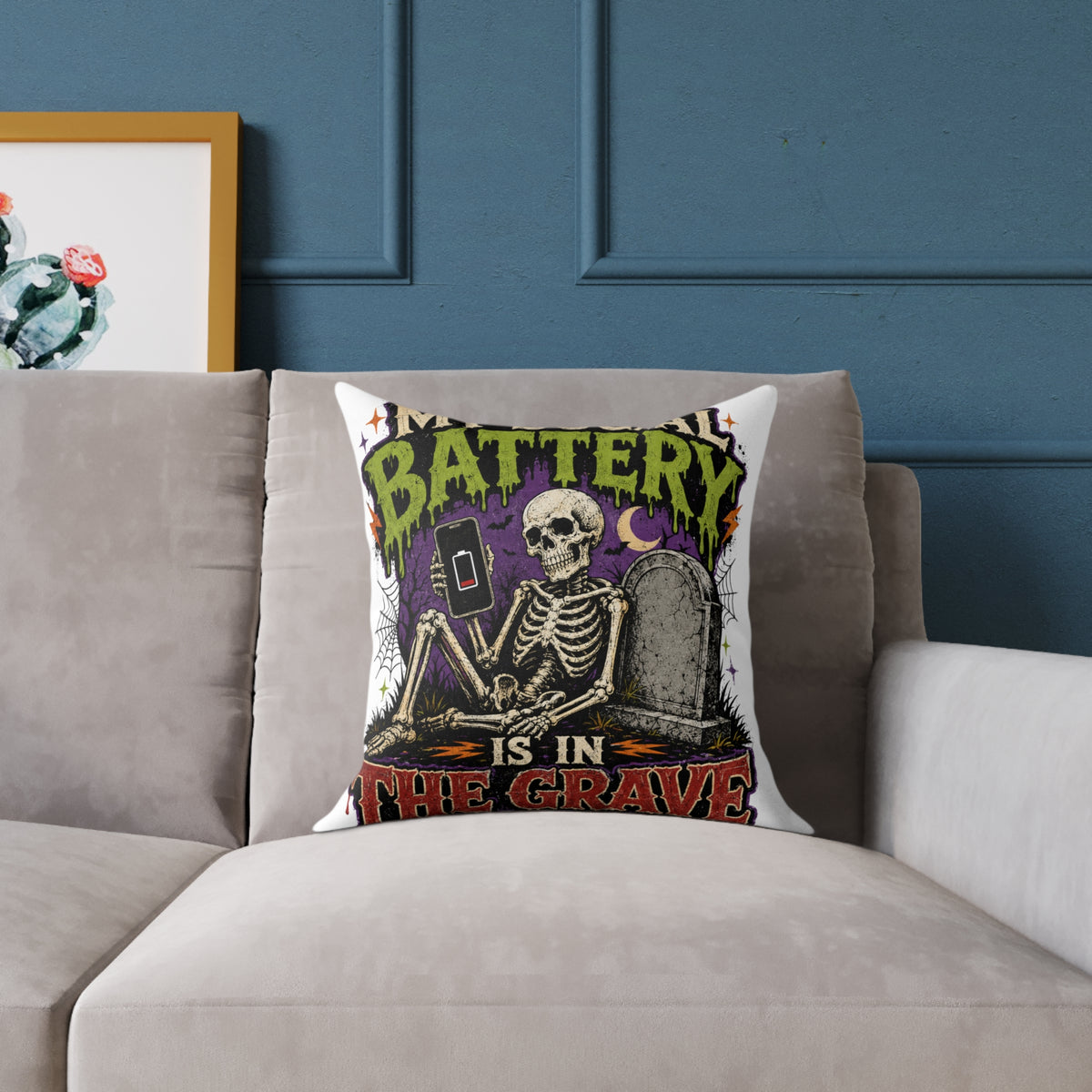 Halloween Skull Pillow — “My Social Battery Is In The Grave” Gothic Decorative Throw Pillow