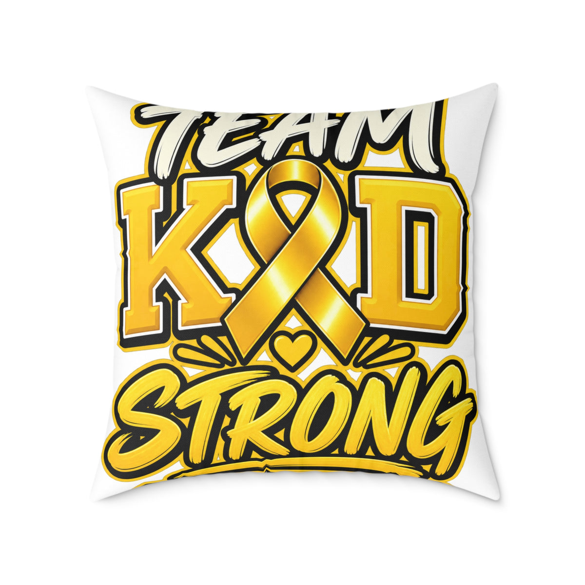 Team Kid Strong Square Throw Pillow — Childhood Cancer Awareness Ribbon Accent