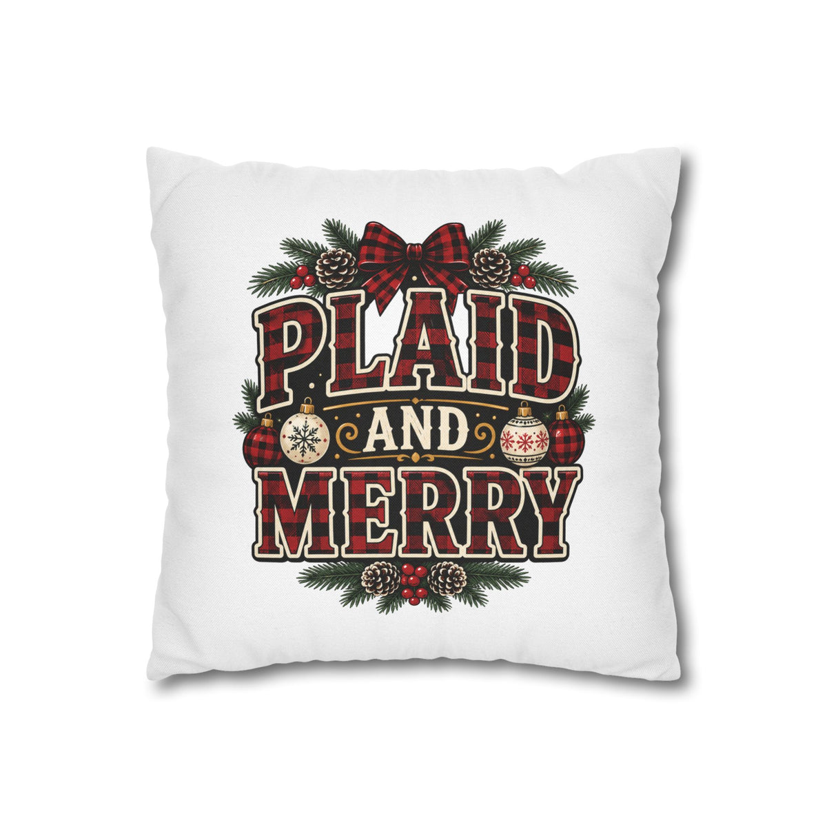 Plaid and Merry Christmas Throw Pillowcase — Festive Buffalo Plaid Holiday Decor