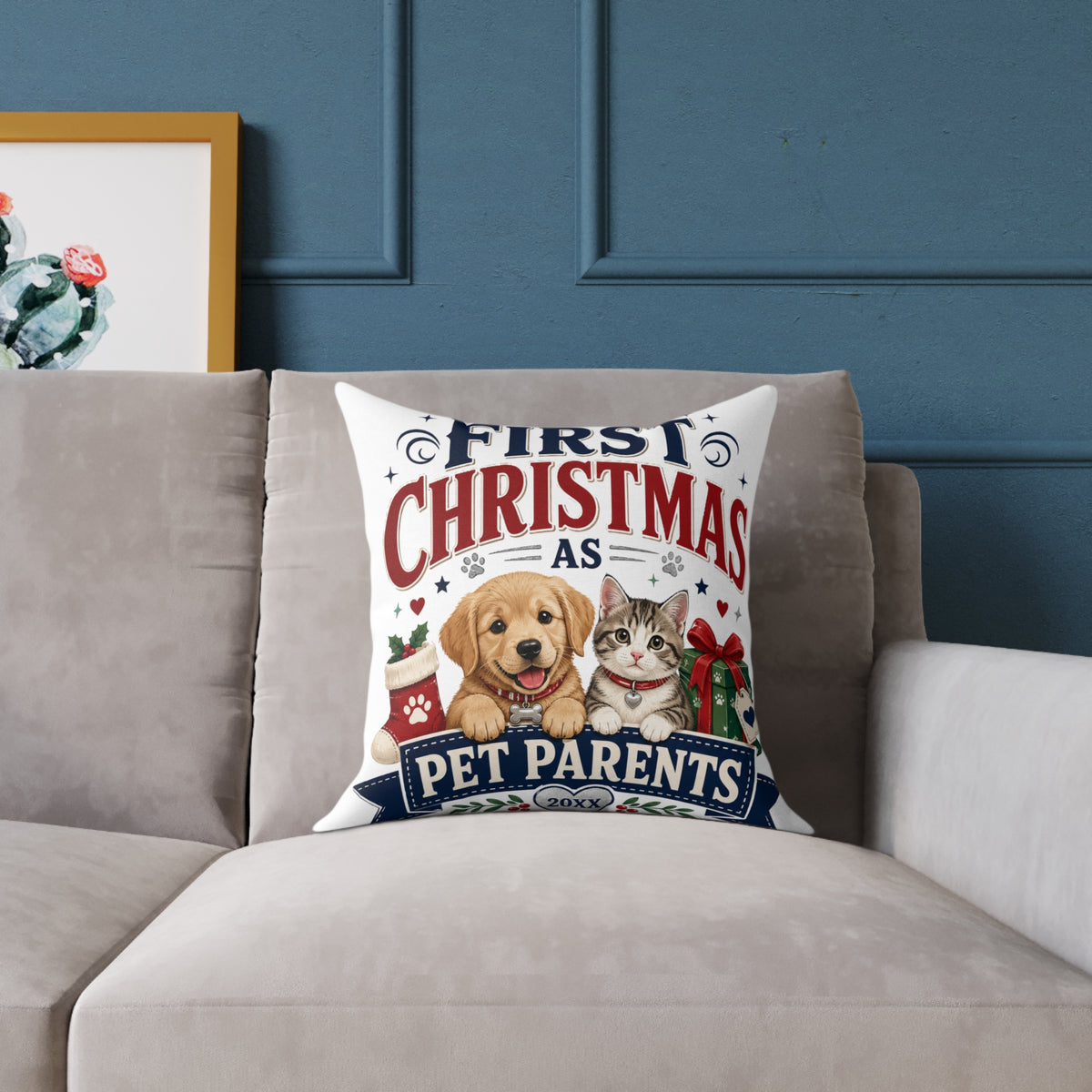 Christmas Square Pillow — "First Christmas as Pet Parents" Holiday Throw Pillow (Dog & Cat)