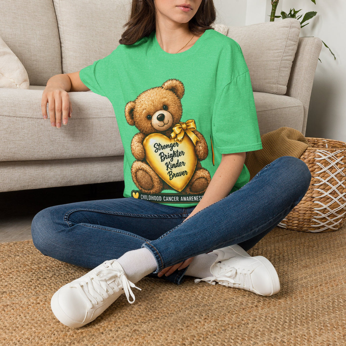Childhood Cancer Awareness Teddy T-Shirt — "Stronger Brighter Kinder Braver"