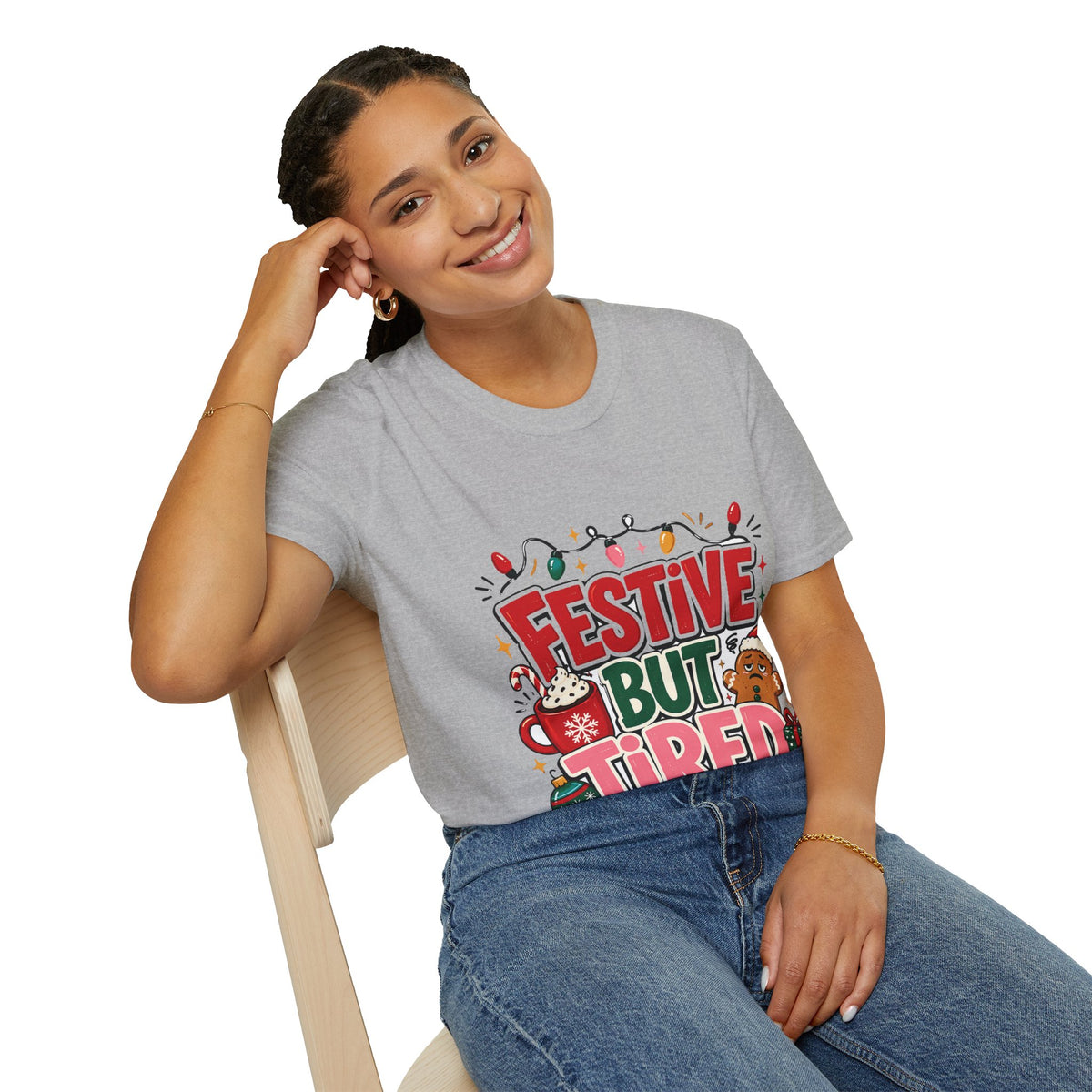 Festive But Tired T-Shirt — Holiday Christmas Crew Tee with Lights & Gingerbread