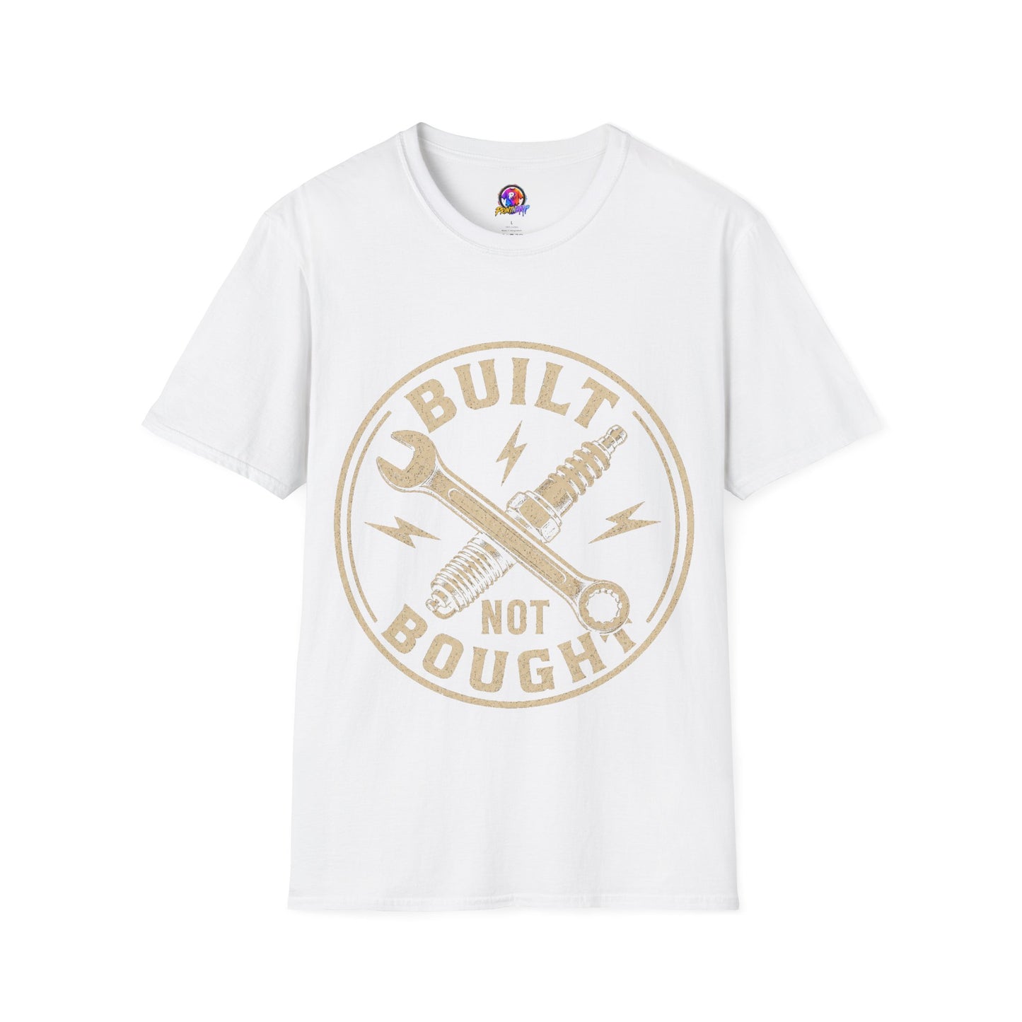 Built Not Bought T-Shirt — Vintage Mechanic Wrench & Spark Plug Design