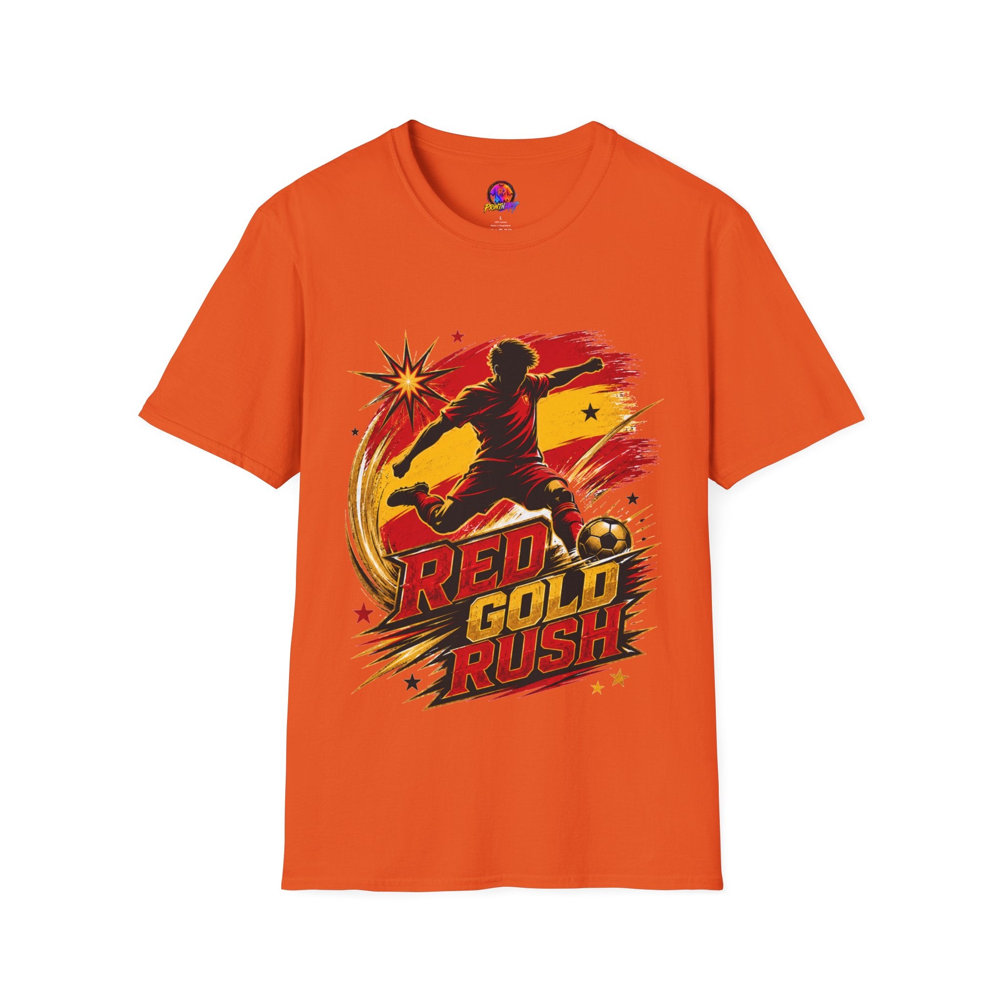 Spain Red & Gold Rush Soccer T-Shirt — Retro Soccer Player Graphic