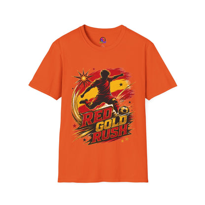 Spain Red & Gold Rush Soccer T-Shirt — Retro Soccer Player Graphic