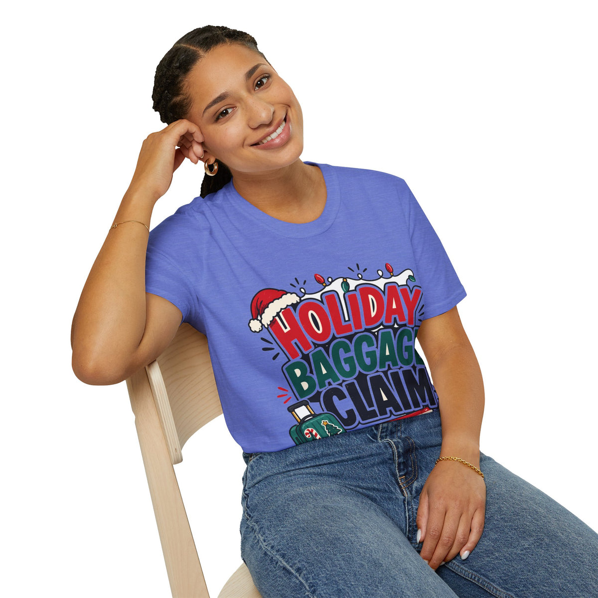 Holiday Baggage Claim T-Shirt — Funny Christmas Vacation Tee with Santa Hat & Lights
