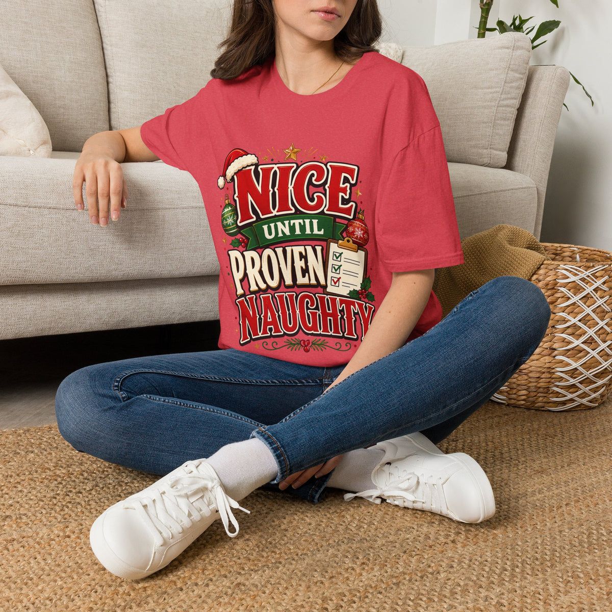Christmas T-Shirt — "Nice Until Proven Naughty" Holiday Tee