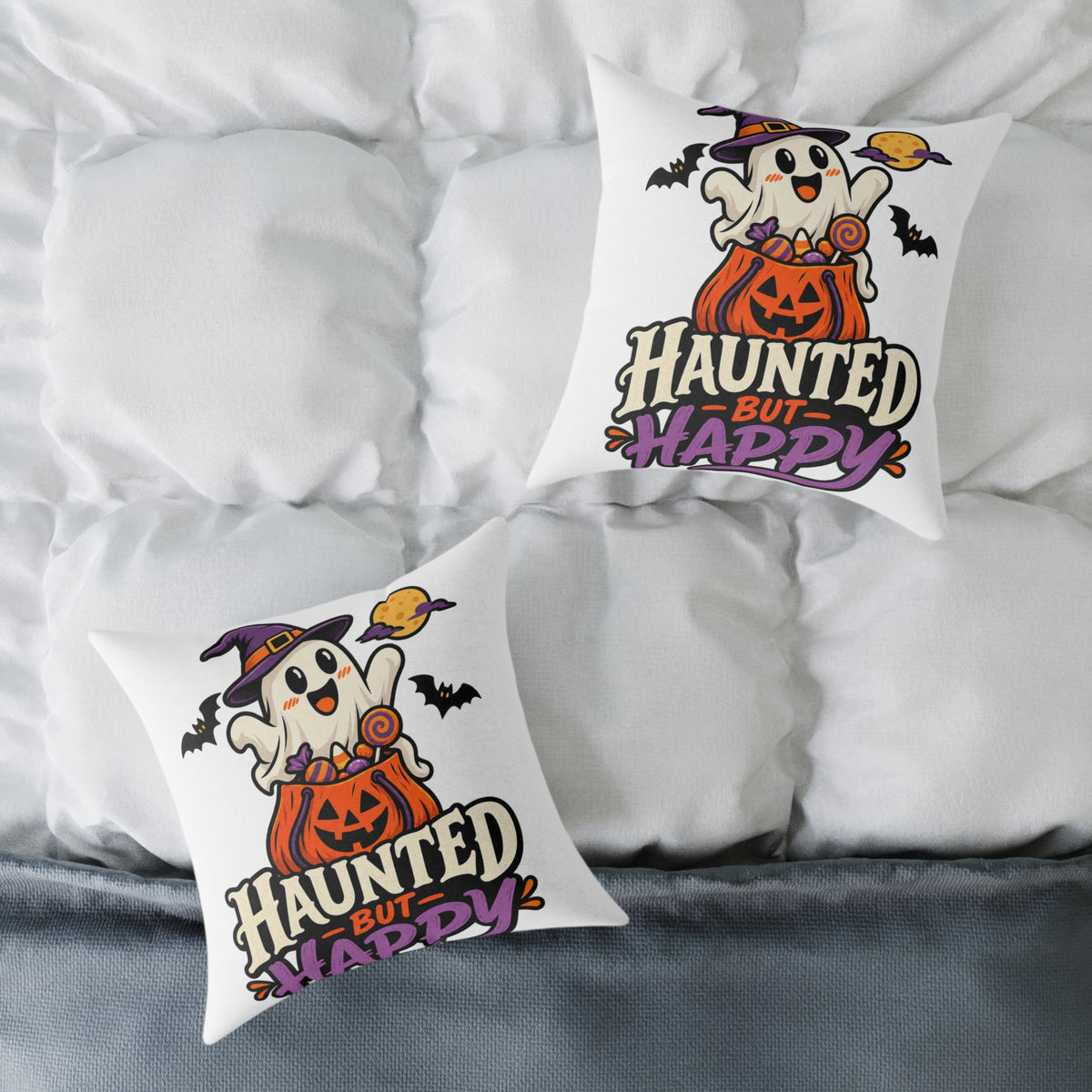Halloween Ghost Pumpkin Pillow — "Haunted But Happy" Square Throw Pillow