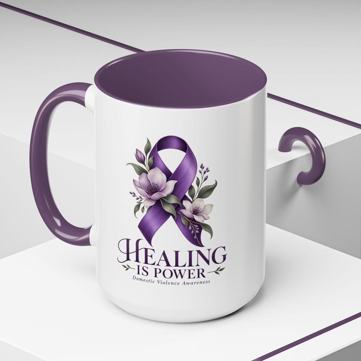 Healing Is Power Purple Ribbon Coffee Mug — Domestic Violence Awareness Accent Mug (11/15oz)