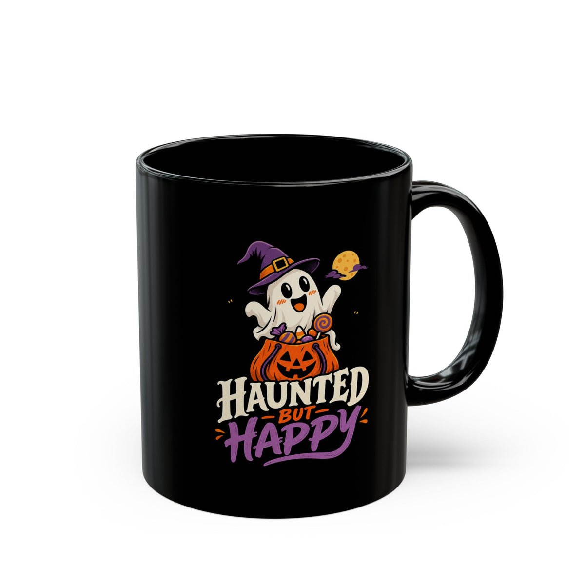 Haunted But Happy Halloween Mug — Cute Ghost Pumpkin Black Coffee Cup