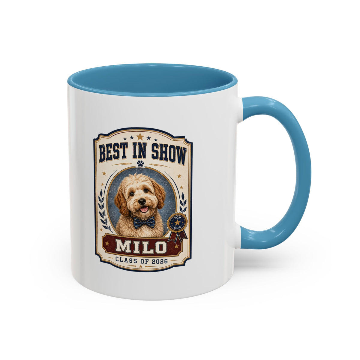 Milo Bailey Dog Dad Mom Best in Show Personalized Dog Mug — "Milo" Class of 2028 Accent Coffee Mug