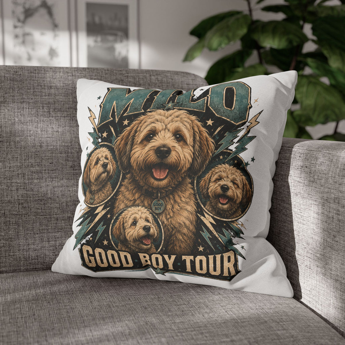 Milo "Good Boy Tour" Decorative Pillowcase — Cute Dog Portrait Square Throw Pillowcase Milo Bailey Dog Dad Mom