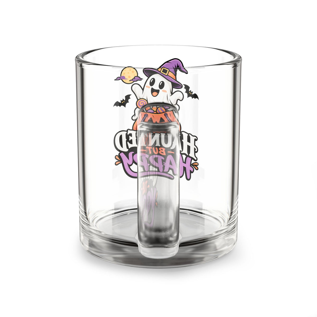 Haunted But Happy Glass Mug — Cute Halloween Ghost Pumpkin 10oz