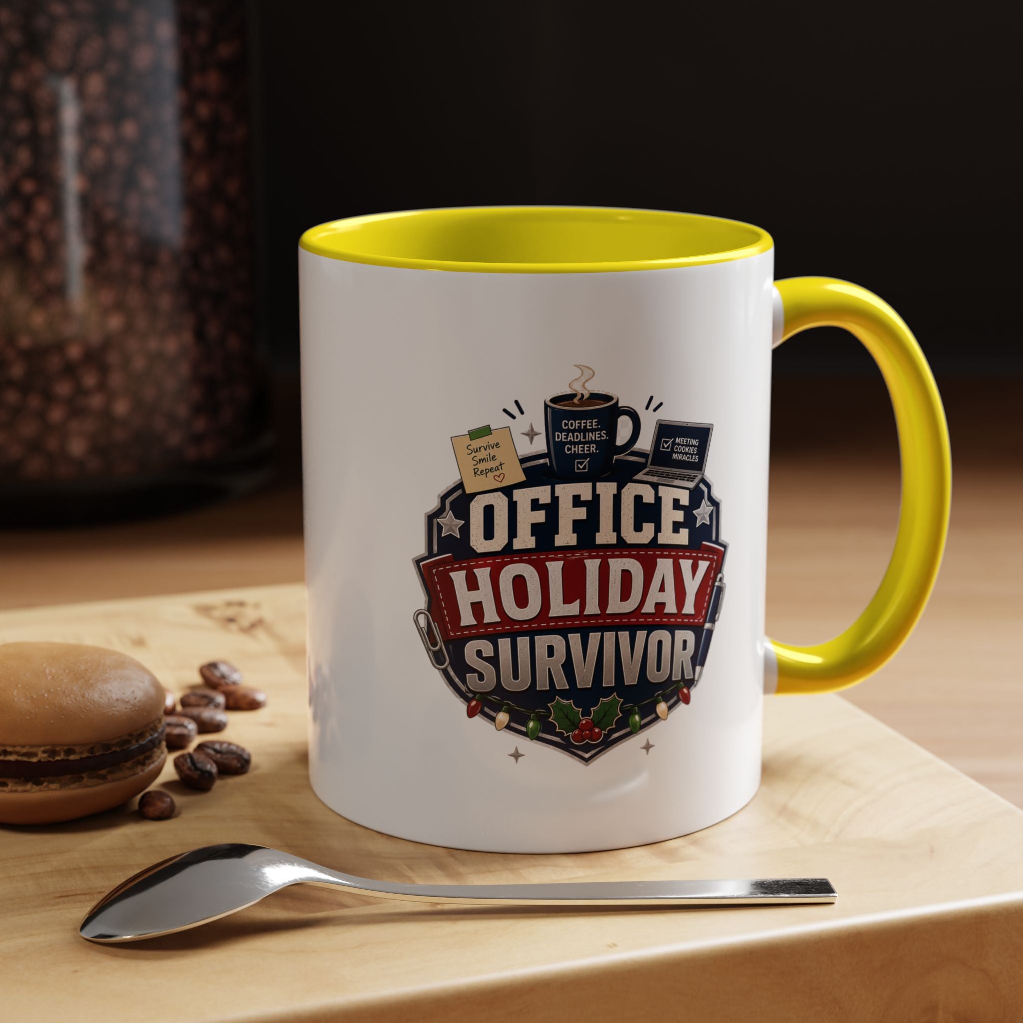 Modern Day Christmas Office Holiday Survivor Accent Coffee Mug – Funny Christmas Office Gift