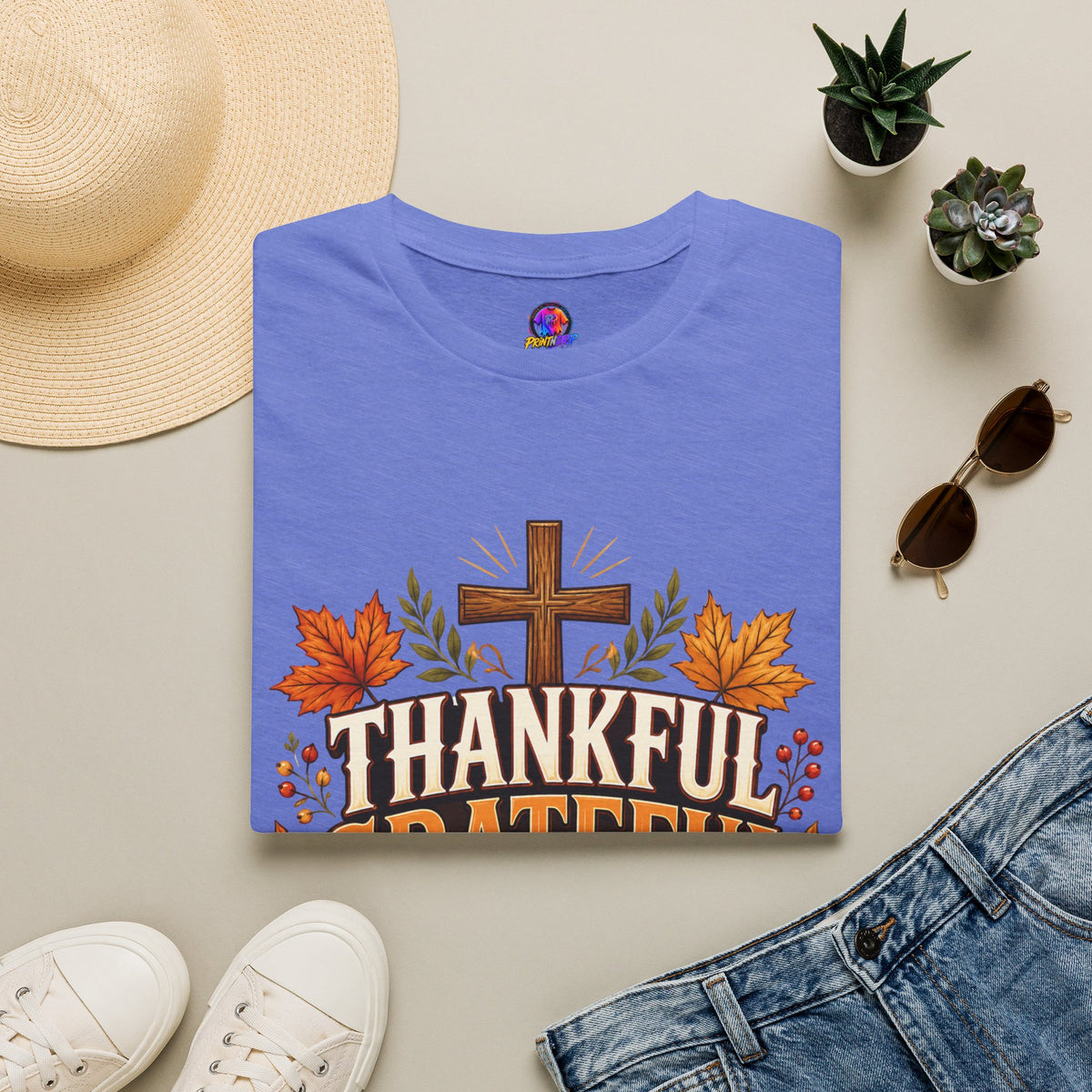 Thanksgiving T-Shirt Thankful Grateful Blessed T-Shirt — Fall Thanksgiving Christian Tee