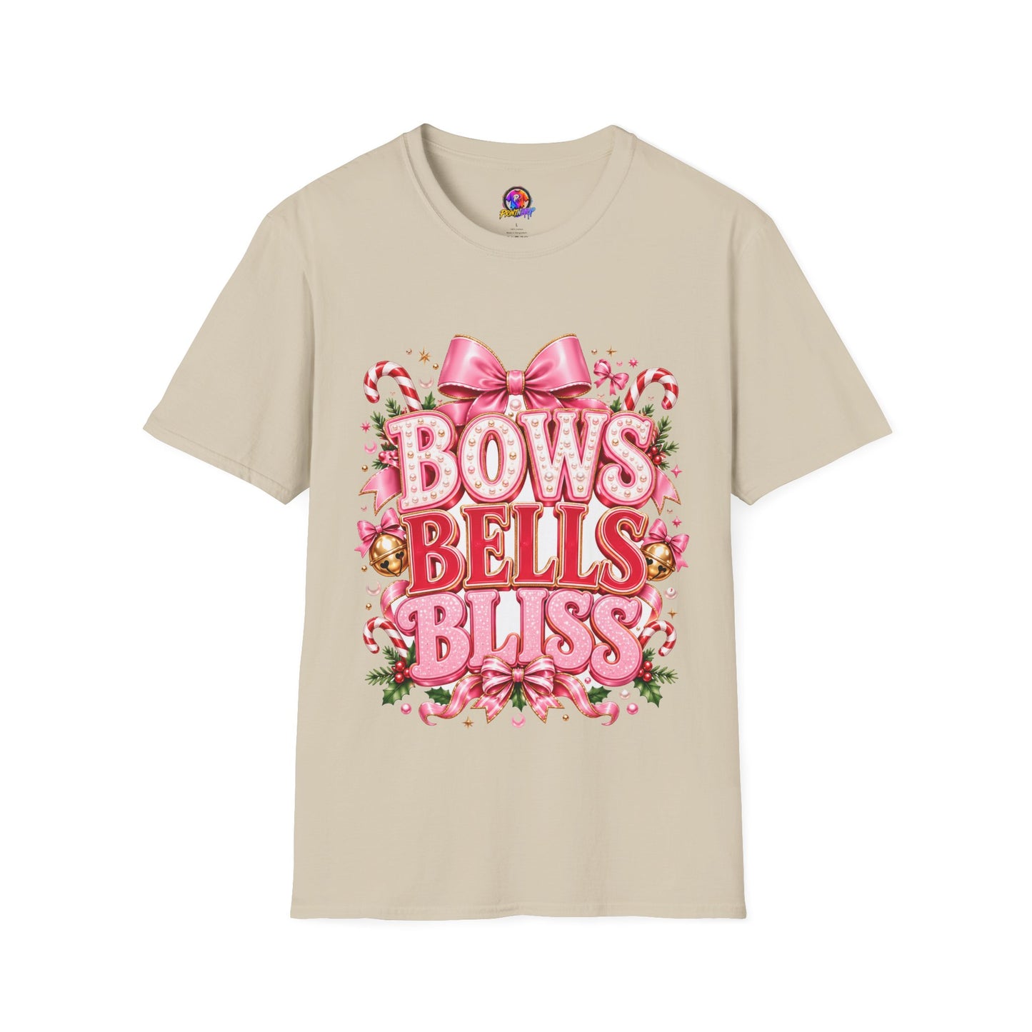 Bows Bells Bliss Christmas T‑Shirt — Pink Holiday Bow Graphic