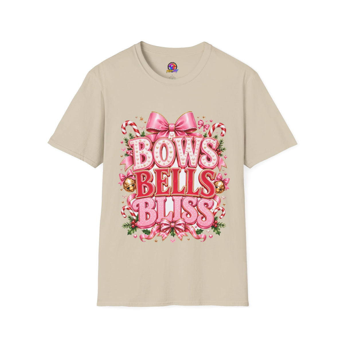 Bows Bells Bliss Christmas T‑Shirt — Pink Holiday Bow Graphic
