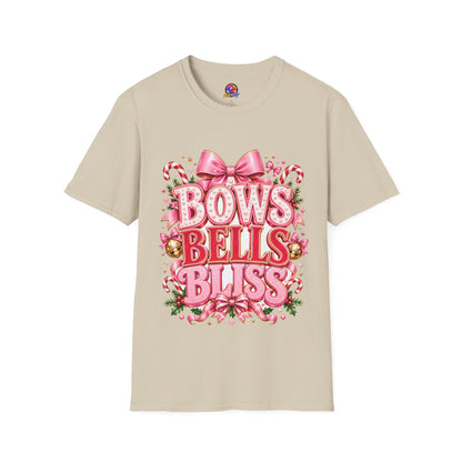 Bows Bells Bliss Christmas T‑Shirt — Pink Holiday Bow Graphic